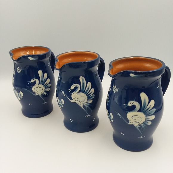 Bulle Dubuis‎ Bosshard Du Gruyere 3 Blue Ceramic Pitchers Folk Art Swiss Vintage